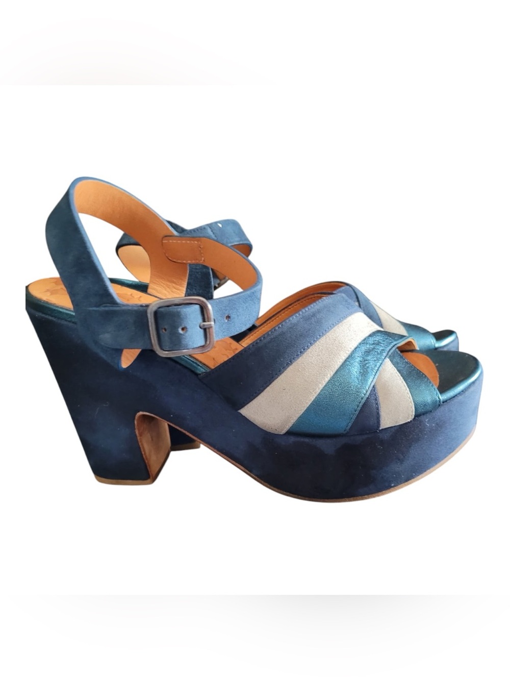 Chie Mihara Leather Crisscross Ankle Strap Platform Sandals in Teal & Navy